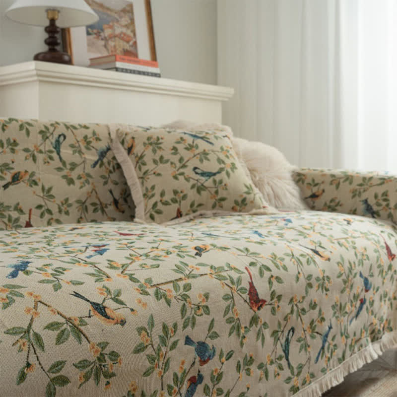 Ownkoti Tassel Floral Bird Soft Sofa Protector