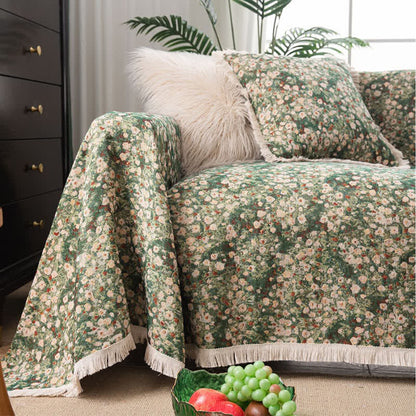 Ownkoti Green Floral Farmhouse Tassel Sofa Protector