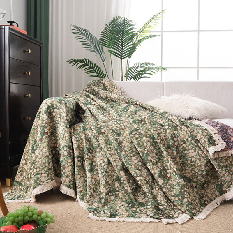 Ownkoti Green Floral Farmhouse Tassel Sofa Protector