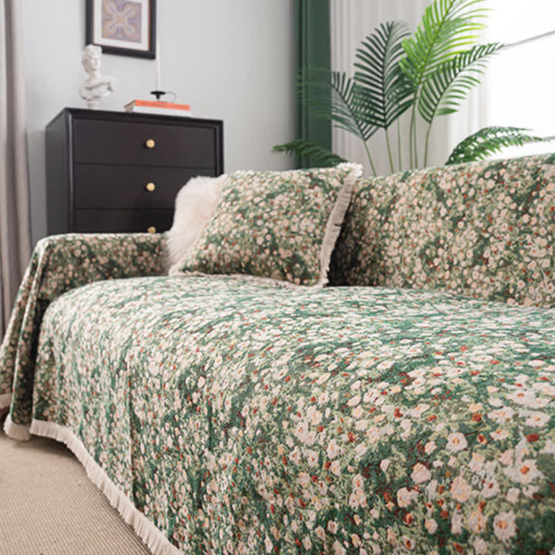 Ownkoti Green Floral Farmhouse Tassel Sofa Protector