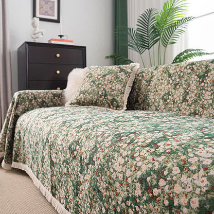 Ownkoti Green Floral Farmhouse Tassel Sofa Protector