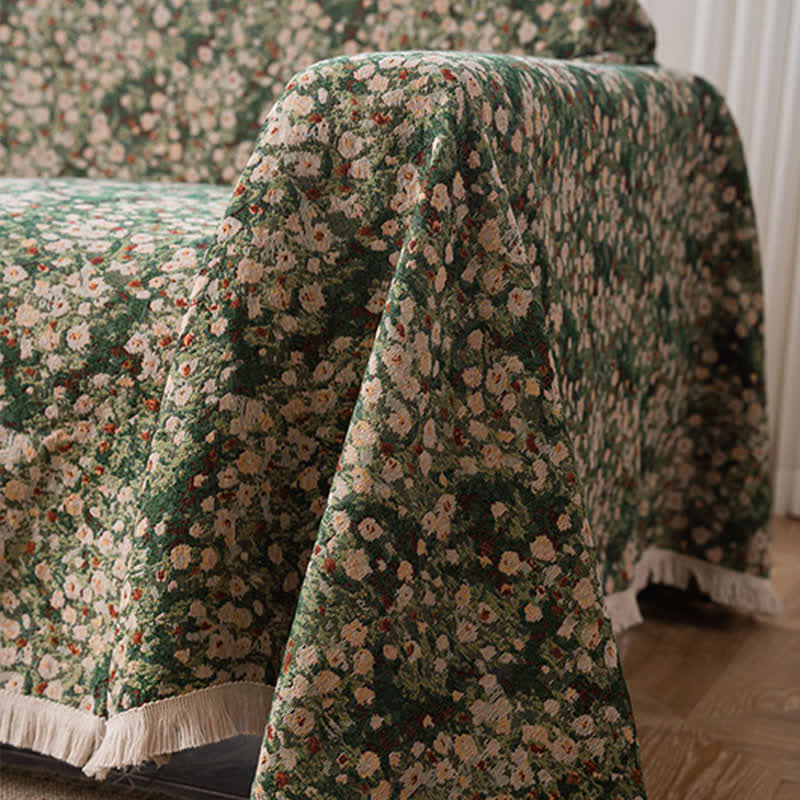 Ownkoti Green Floral Farmhouse Tassel Sofa Protector