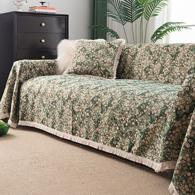 Ownkoti Green Floral Farmhouse Tassel Sofa Protector