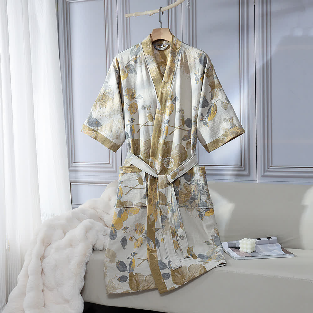 Ownkoti Unisex Yellow Floral Cotton Gauze Bathrobe