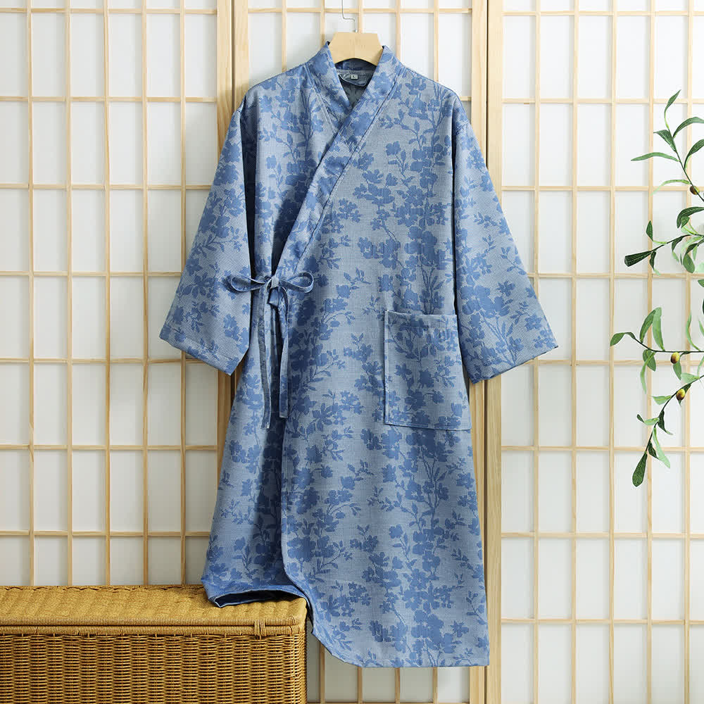 Subtle Floral Kimono Robe with Pocket - Blue - XL - image 4