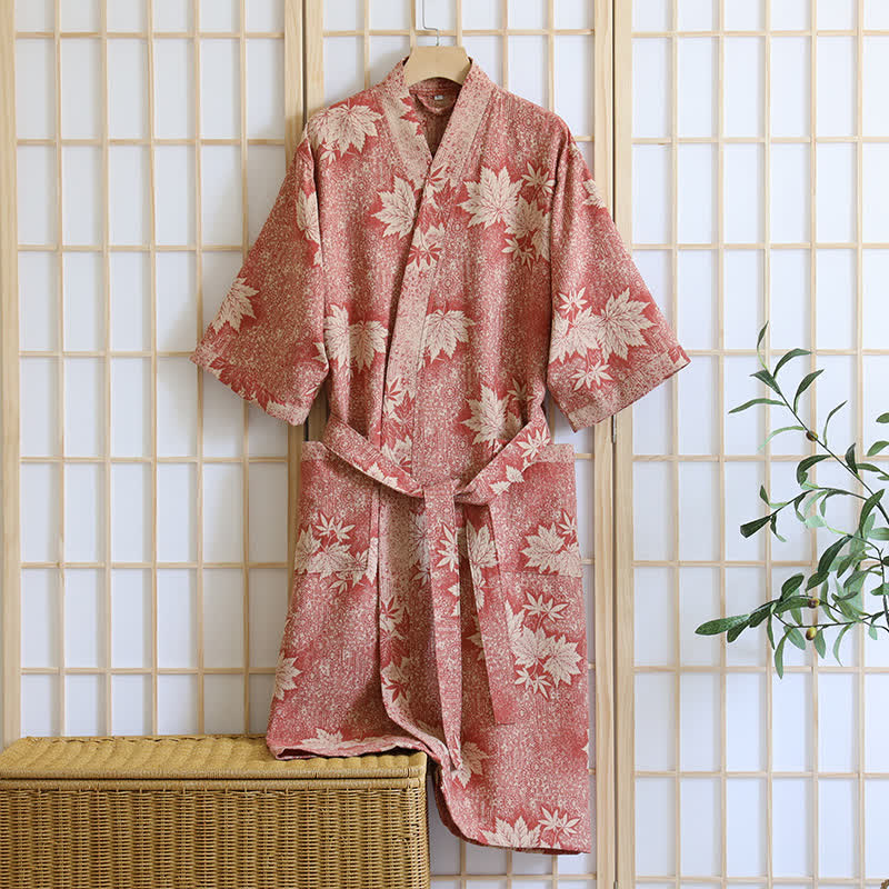 Ownkoti Maple Leaf Cotton Gauze Kimono Robe