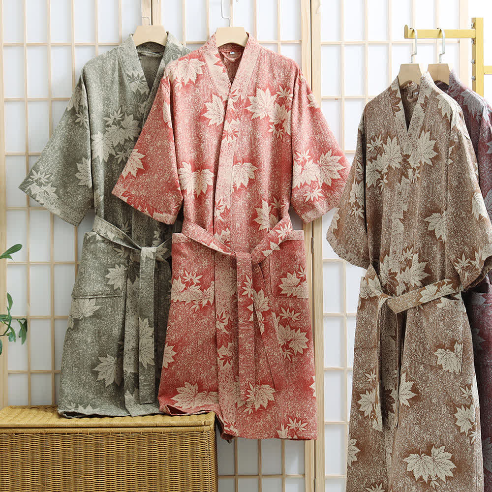 Ownkoti Maple Leaf Cotton Gauze Kimono Robe