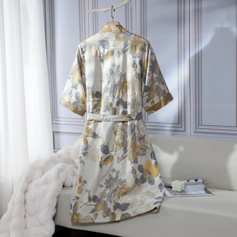 Ownkoti Unisex Yellow Floral Cotton Gauze Bathrobe