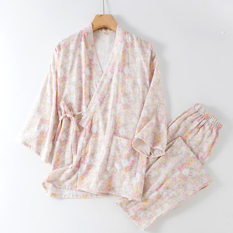 Ownkoti Pink Floral Cotton Gauze Japanese Pajamas