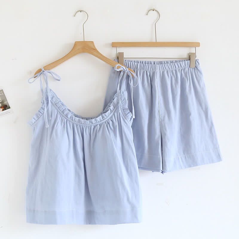 Ownkoti Ruffle Trim Cotton Padded Camisole Pajamas - Blue - XL - image 2