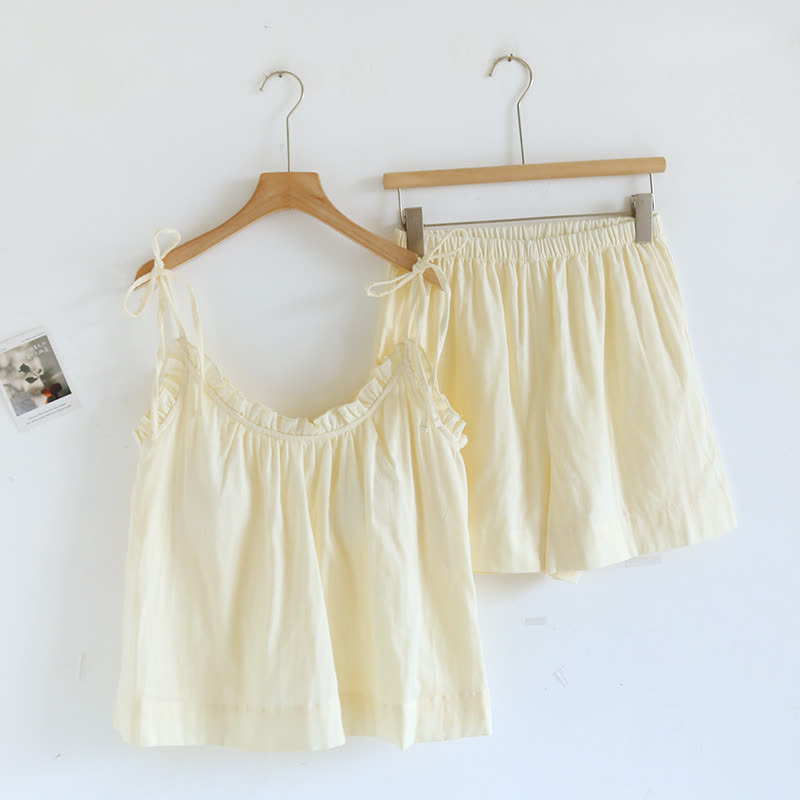 Ownkoti Ruffle Trim Cotton Padded Camisole Pajamas - Yellow - XL - image 8