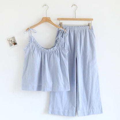 Ownkoti Solid Color Ruffle Cotton Camisole Pajamas - Blue - XL - image 3