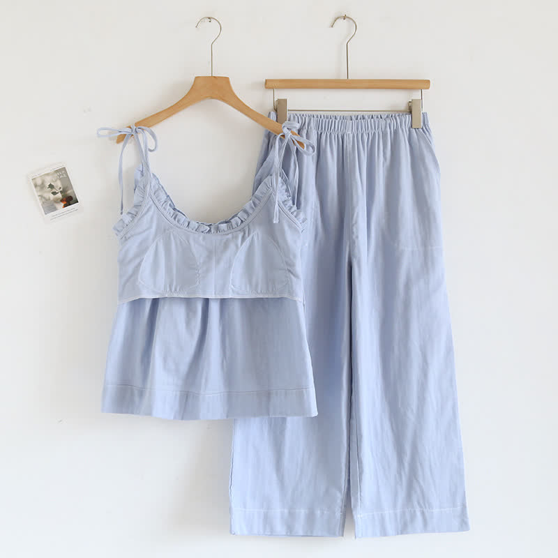 Ownkoti Solid Color Ruffle Cotton Camisole Pajamas