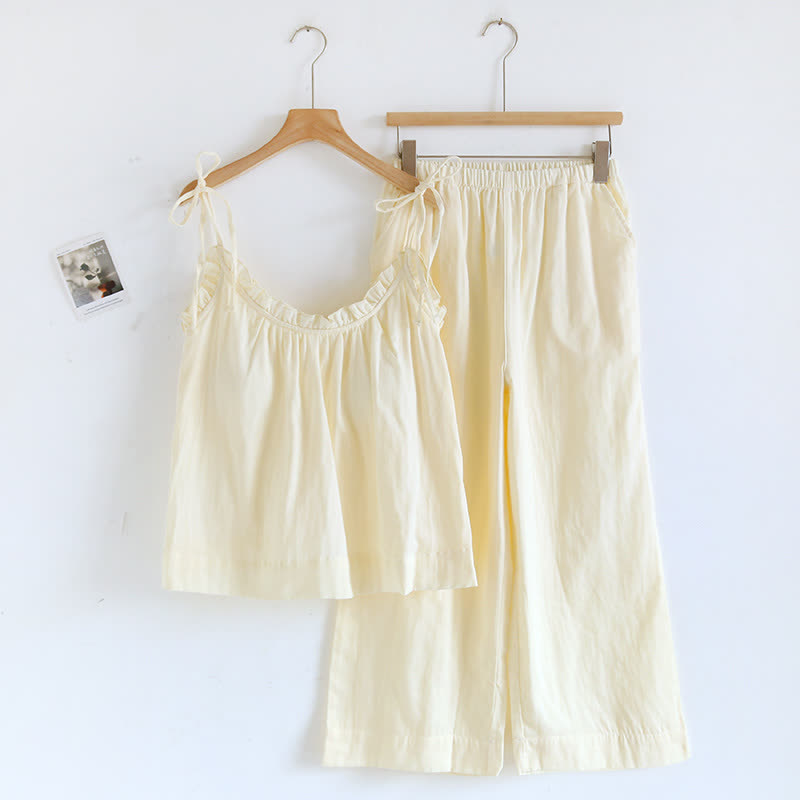 Ownkoti Solid Color Ruffle Cotton Camisole Pajamas - Yellow - XL - image 17