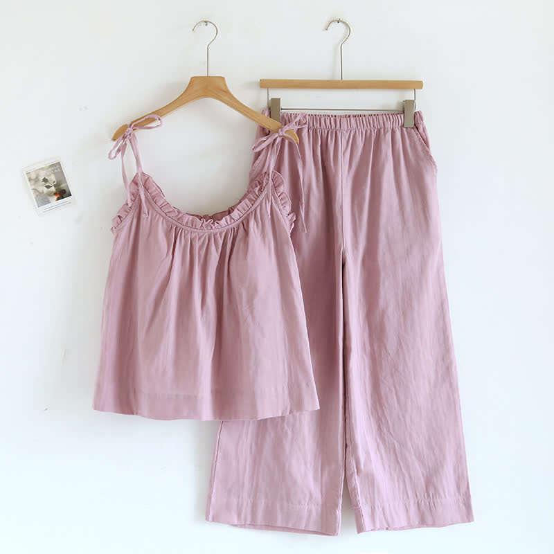 Ownkoti Solid Color Ruffle Cotton Camisole Pajamas