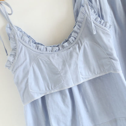Ownkoti Solid Color Ruffle Cotton Camisole Pajamas