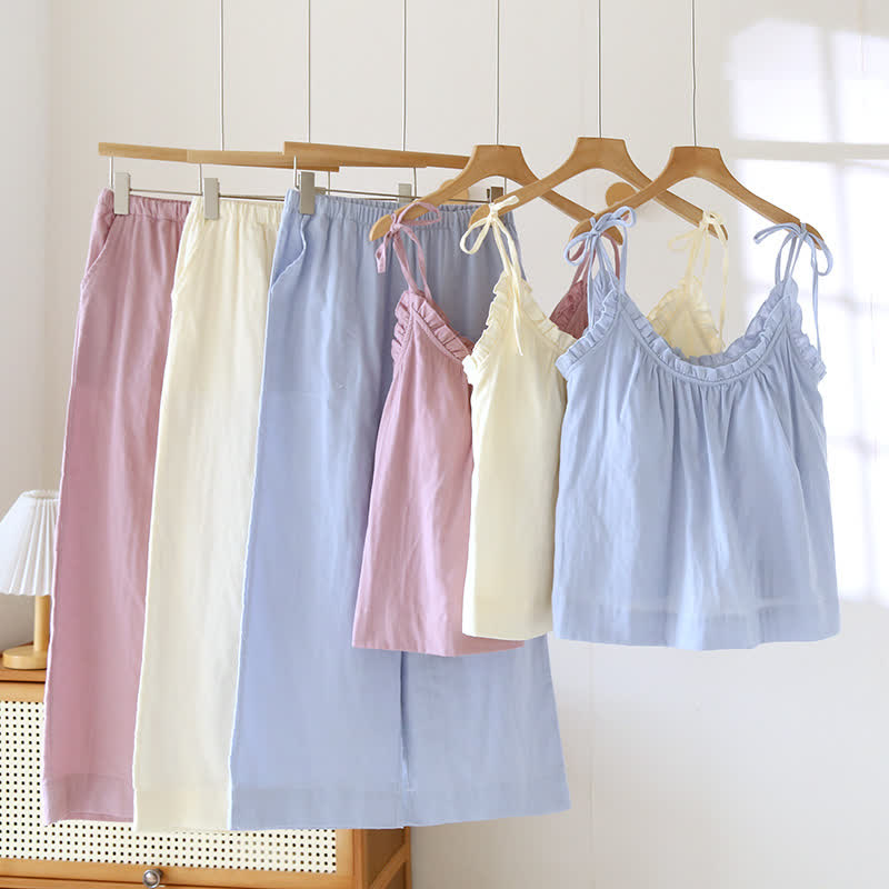 Ownkoti Solid Color Ruffle Cotton Camisole Pajamas - image 0
