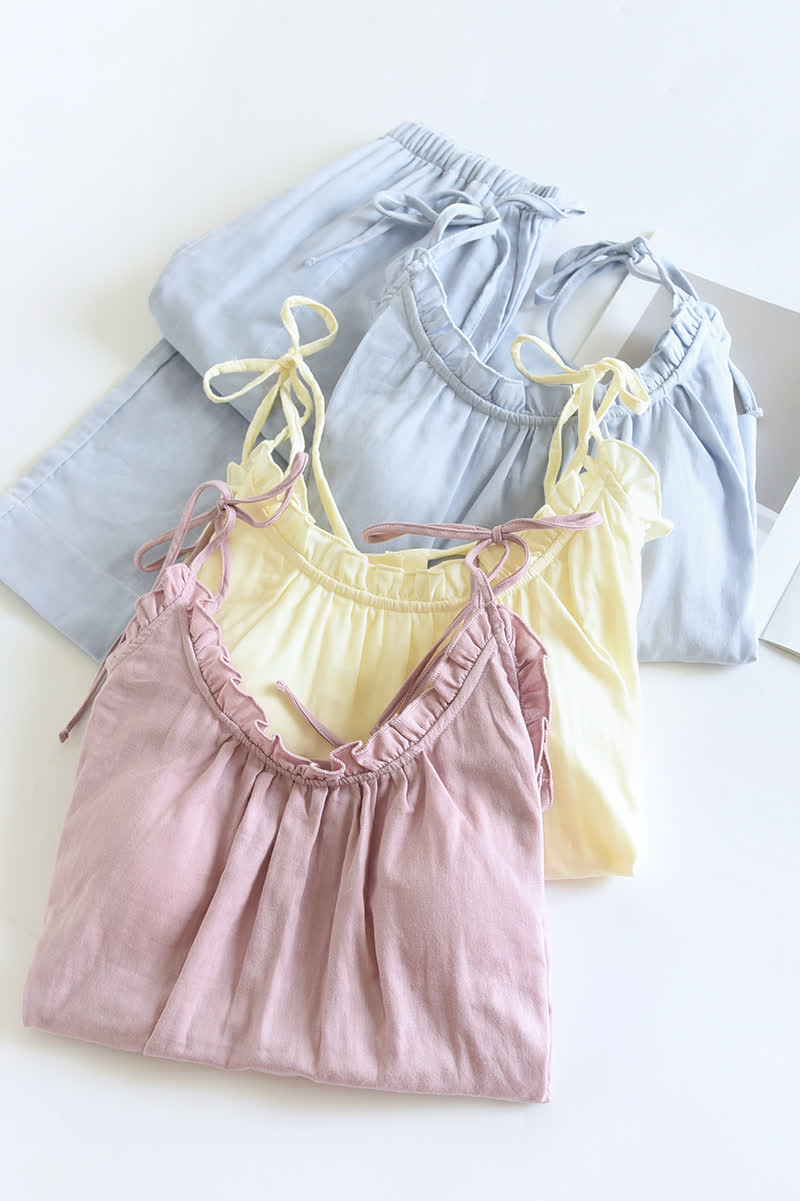 Ownkoti Solid Color Ruffle Cotton Camisole Pajamas
