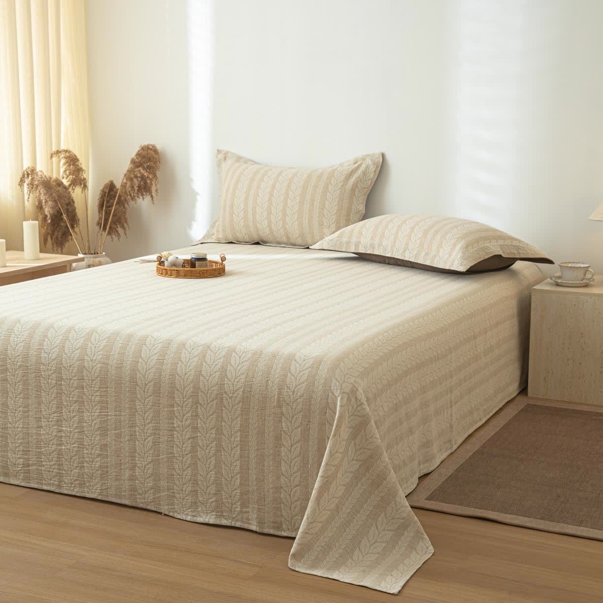 Ownkoti Beige Wheat Textured Cotton Linen Bedspread