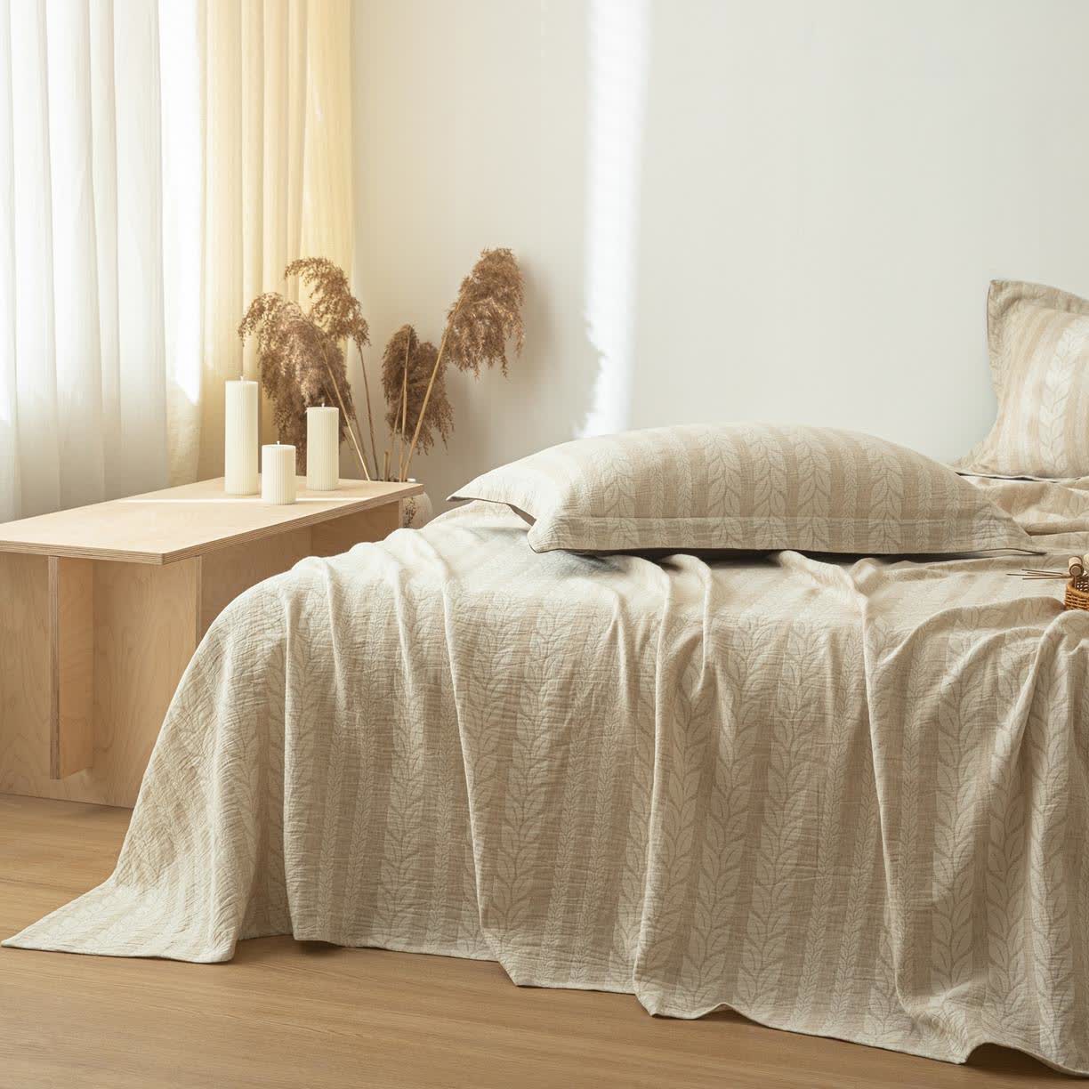 Ownkoti Beige Wheat Textured Cotton Linen Bedspread