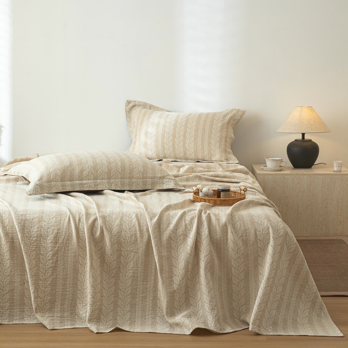 Ownkoti Beige Wheat Textured Cotton Linen Bedspread
