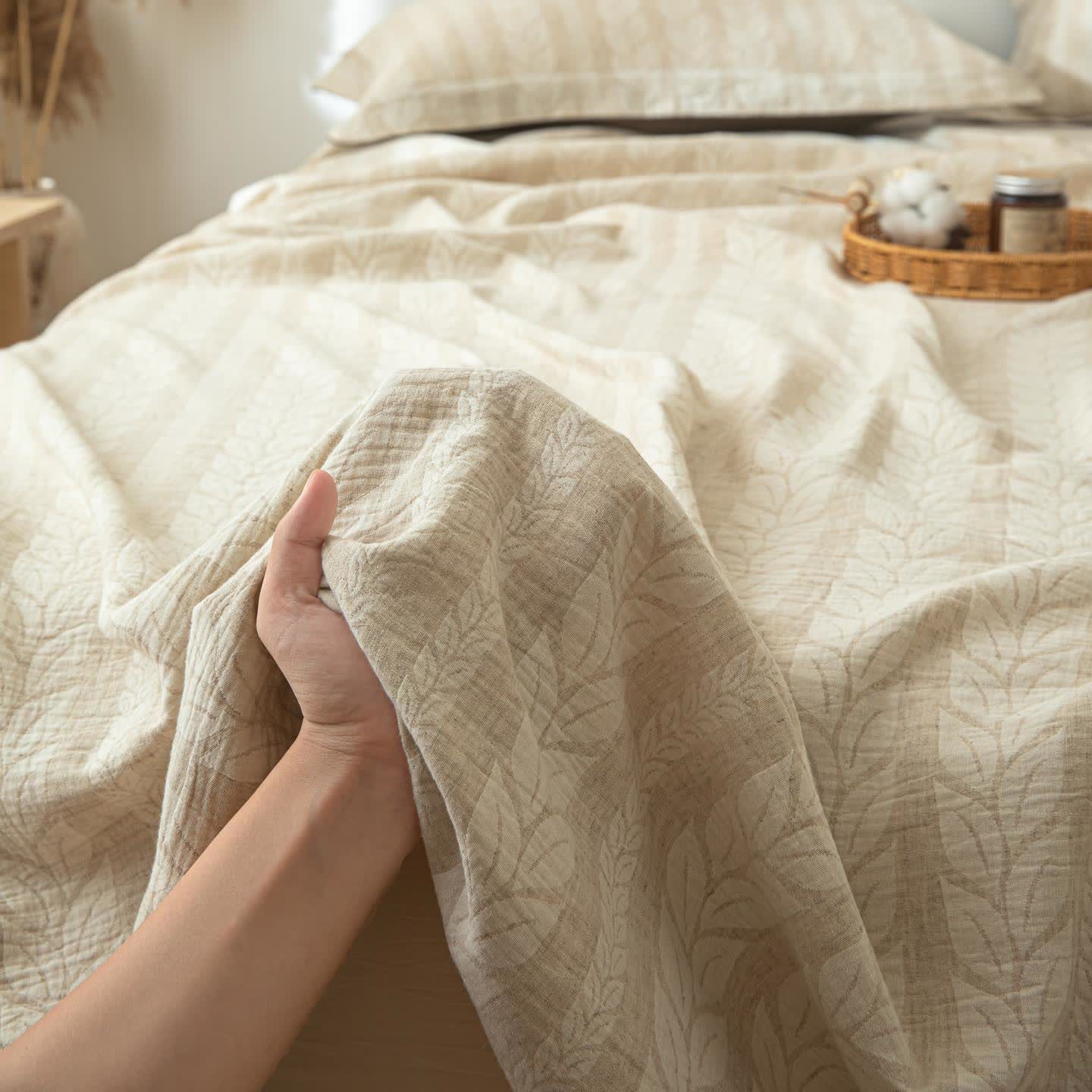 Ownkoti Beige Wheat Textured Cotton Linen Bedspread