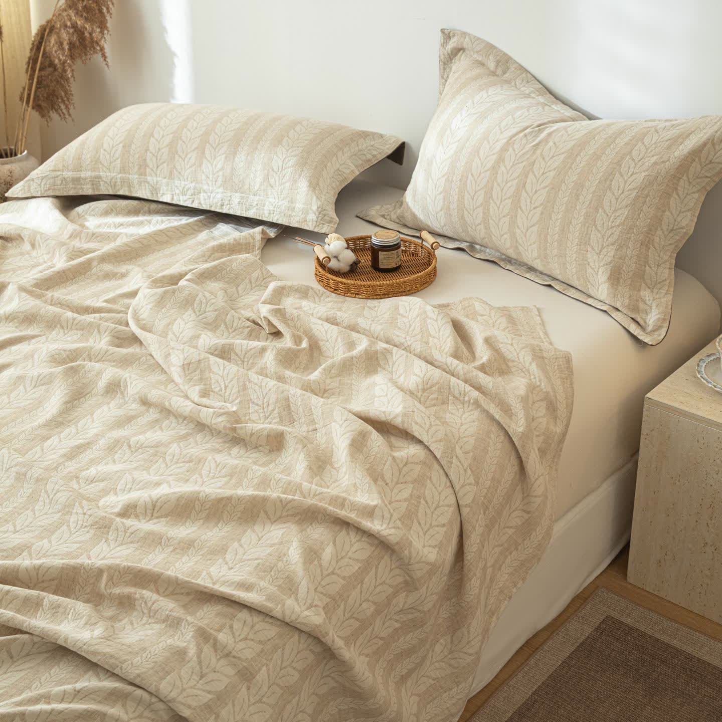 Ownkoti Beige Wheat Textured Cotton Linen Bedspread