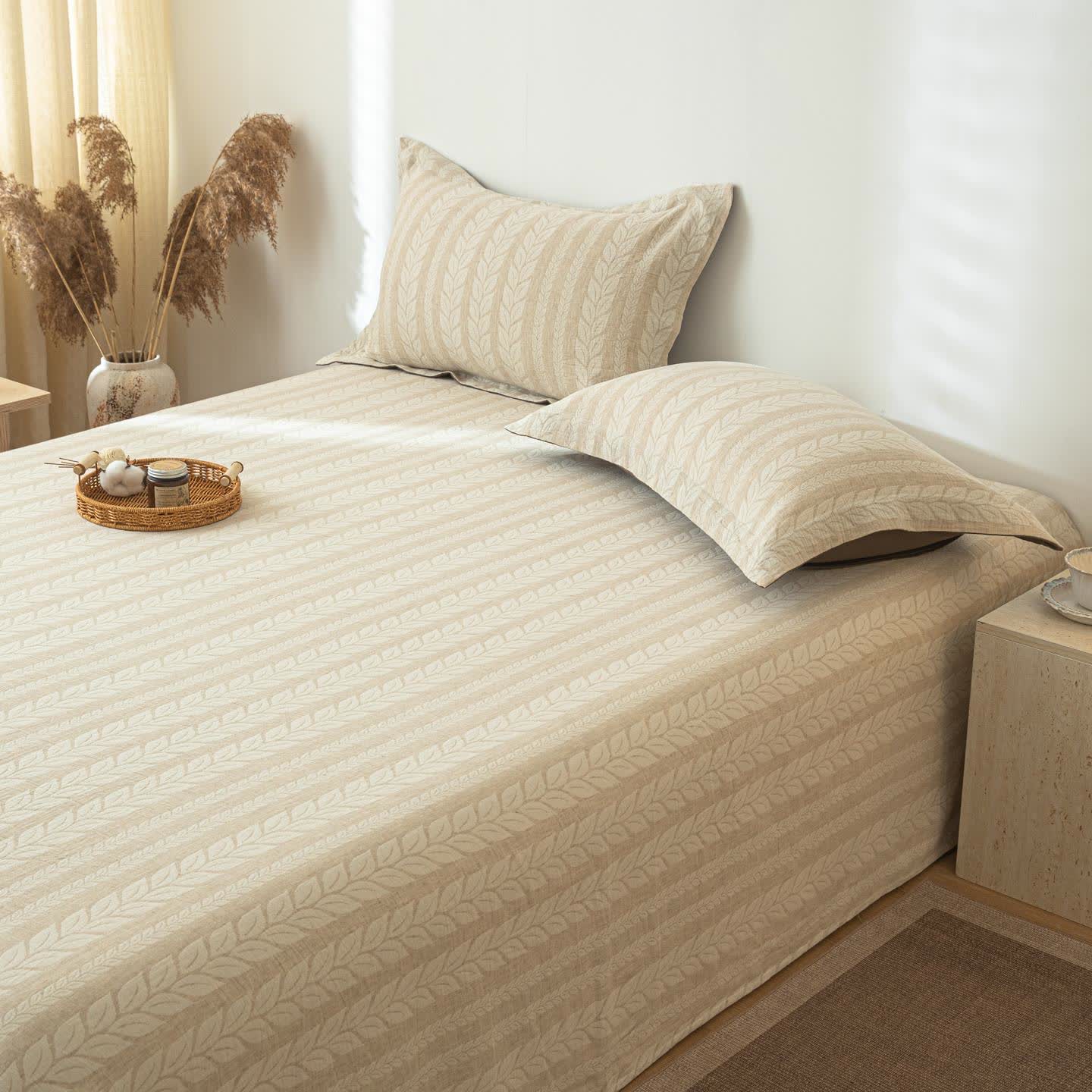 Ownkoti Beige Wheat Textured Cotton Linen Bedspread