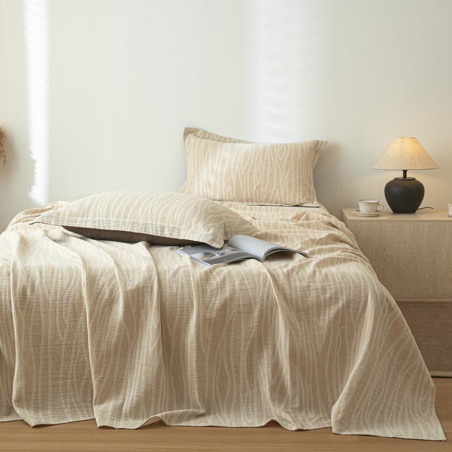 Ownkoti Twig Stripes Textured Cotton Linen Bedspread
