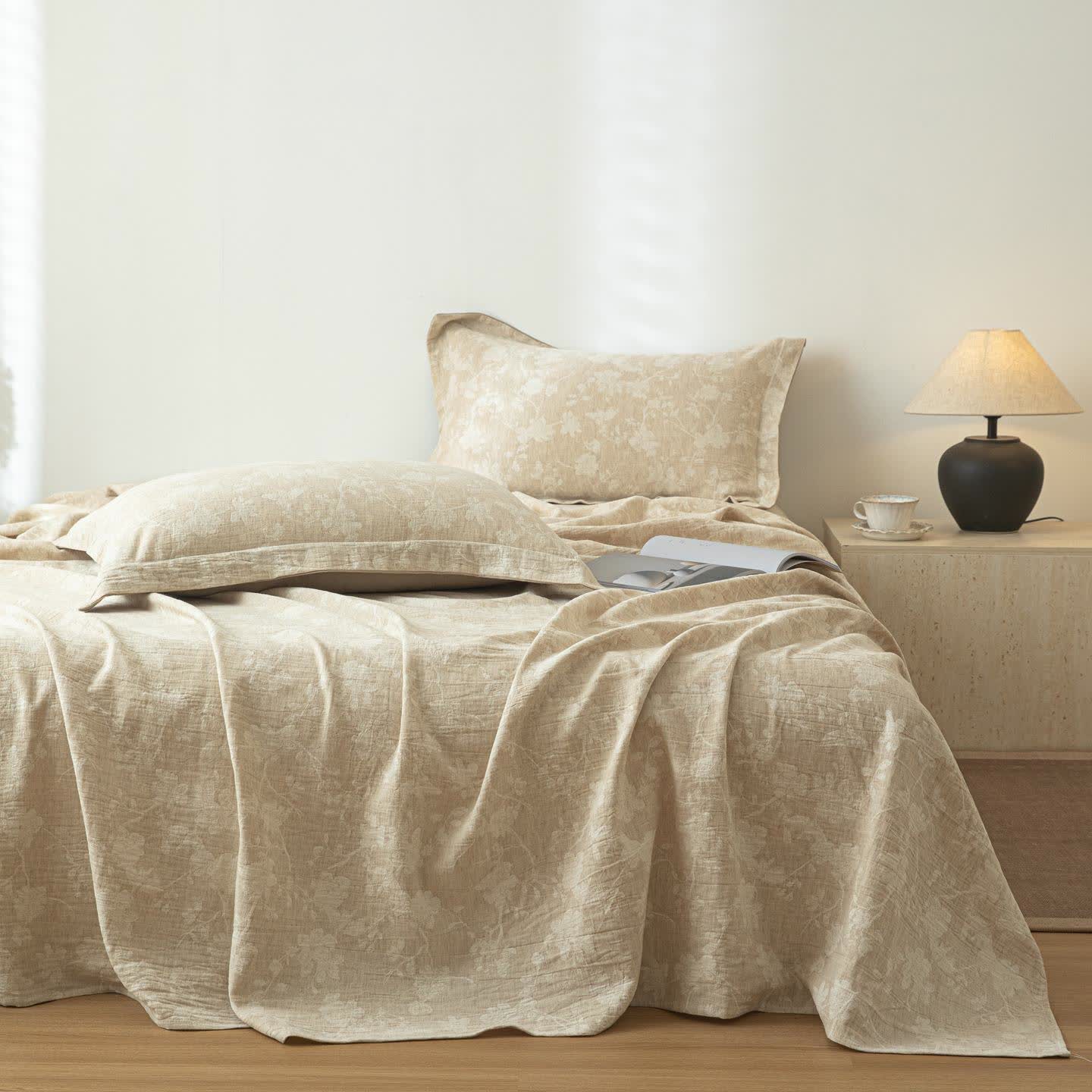 Ownkoti Beige Floral Textured Cotton Linen Bedspread