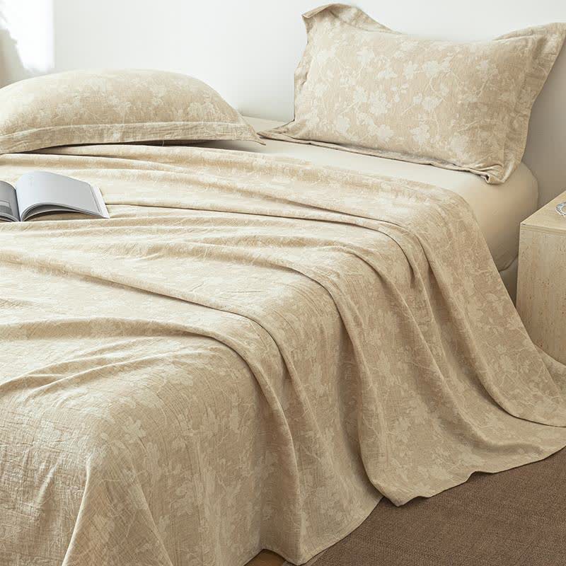 Ownkoti Beige Floral Textured Cotton Linen Bedspread