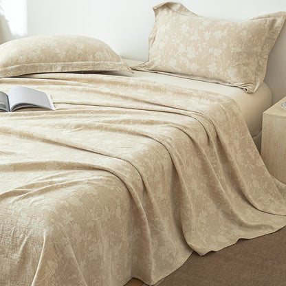 Ownkoti Beige Floral Textured Cotton Linen Bedspread