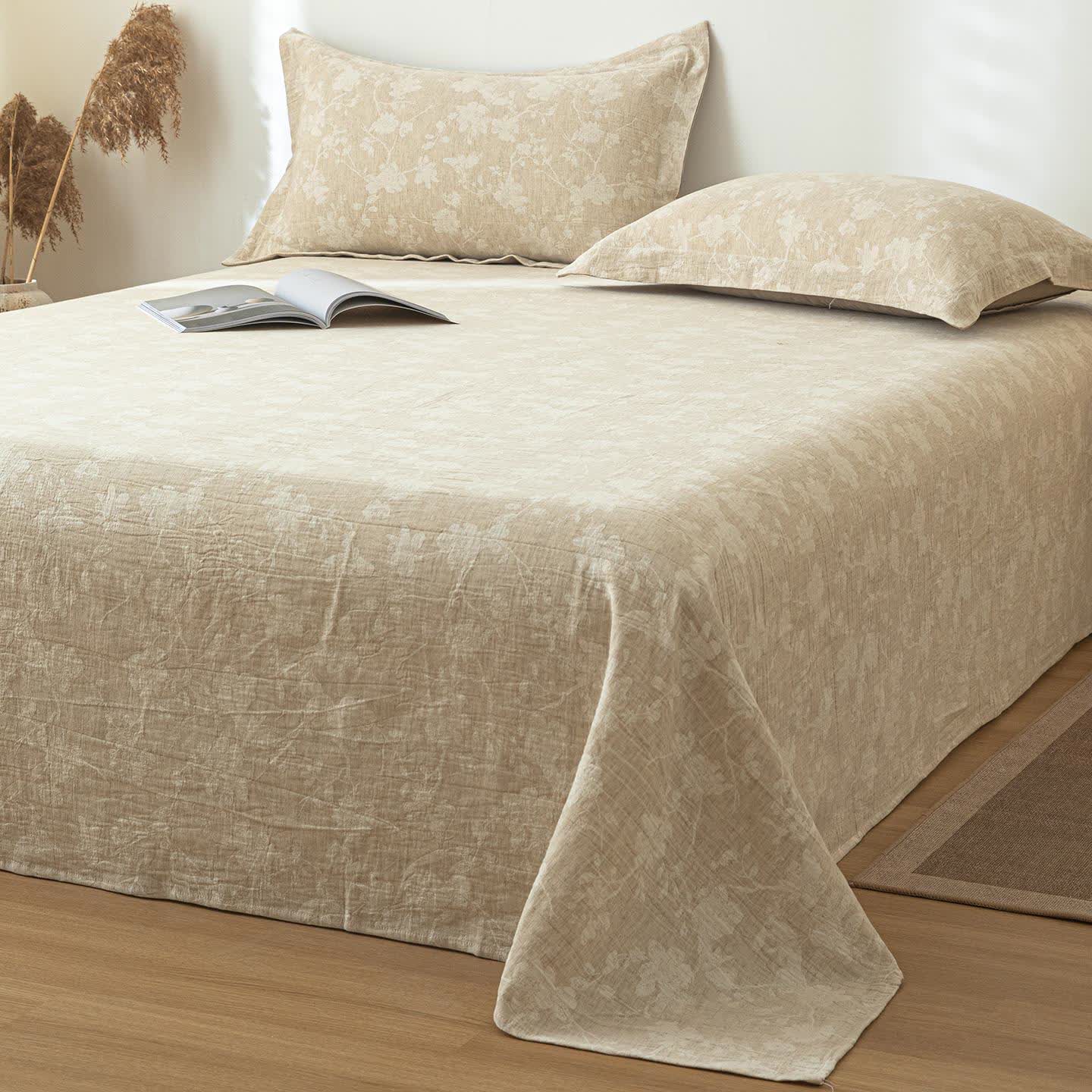 Ownkoti Beige Floral Textured Cotton Linen Bedspread