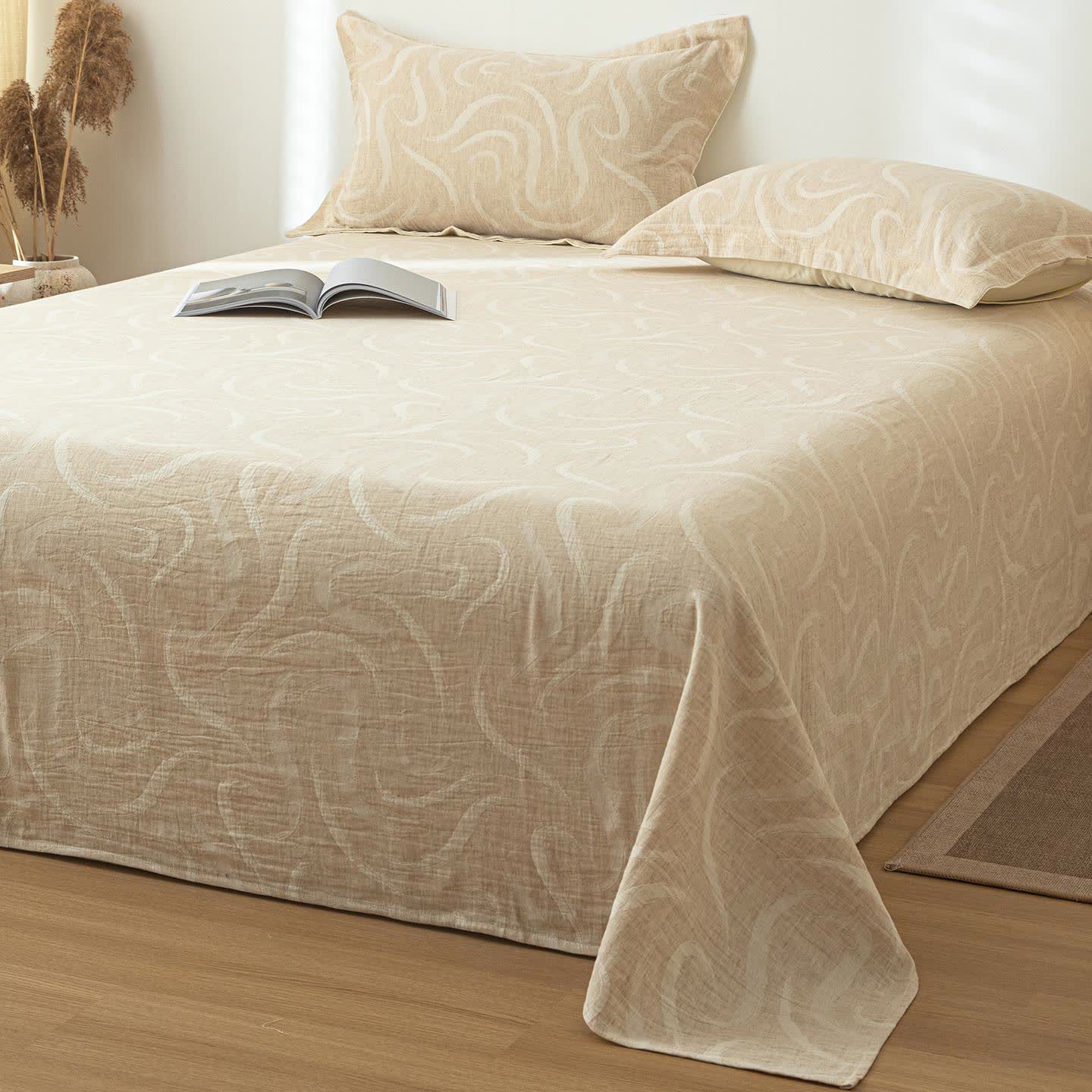 Ownkoti Beige Curve Textured Cotton Linen Bedspread