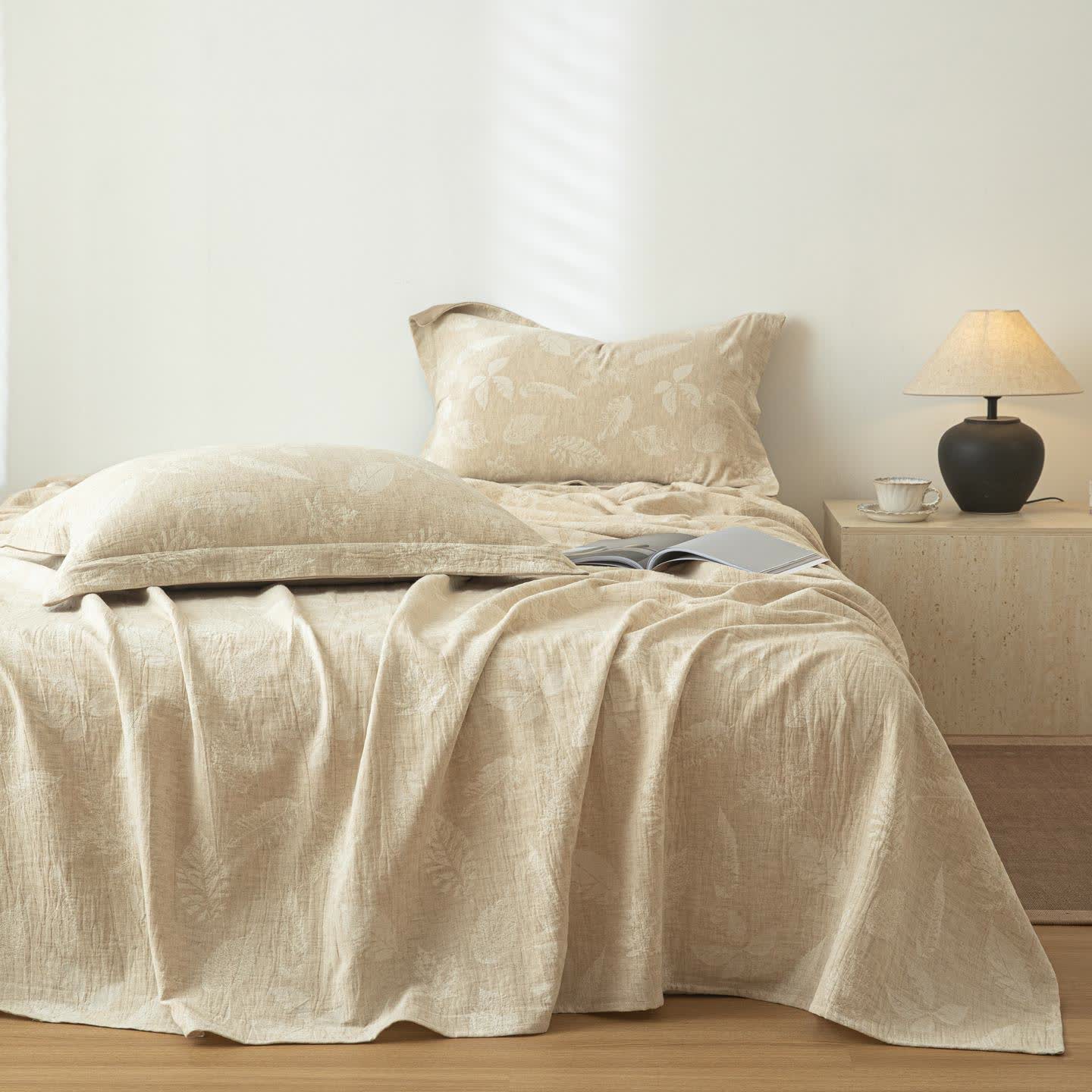 Ownkoti Jungle Leaves Textured Cotton Linen Bedspread