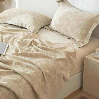 Ownkoti Beige Floral Textured Cotton Linen Bedspread