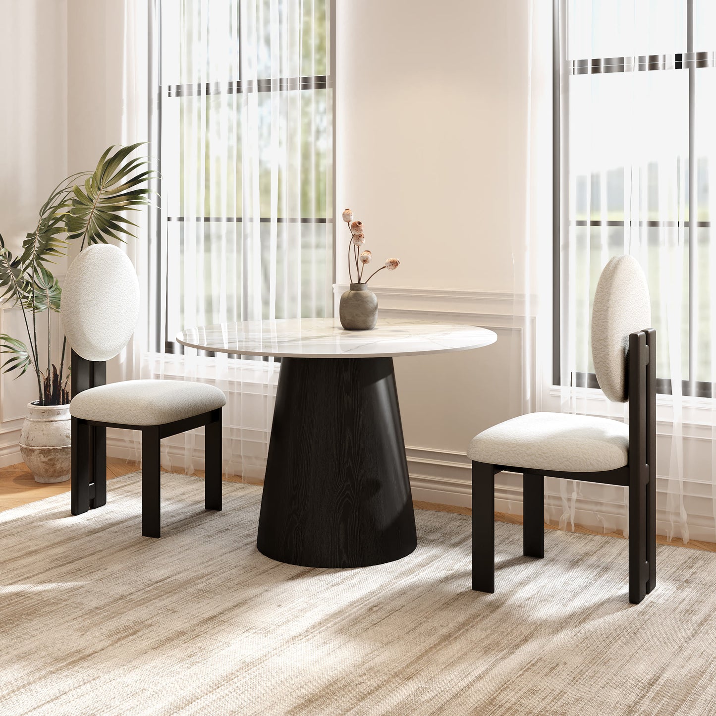 Ownkoti Round Black/Brown Sturdy Barrel Shape Dining Table Solid Wood Pedestal For 2-4 Person