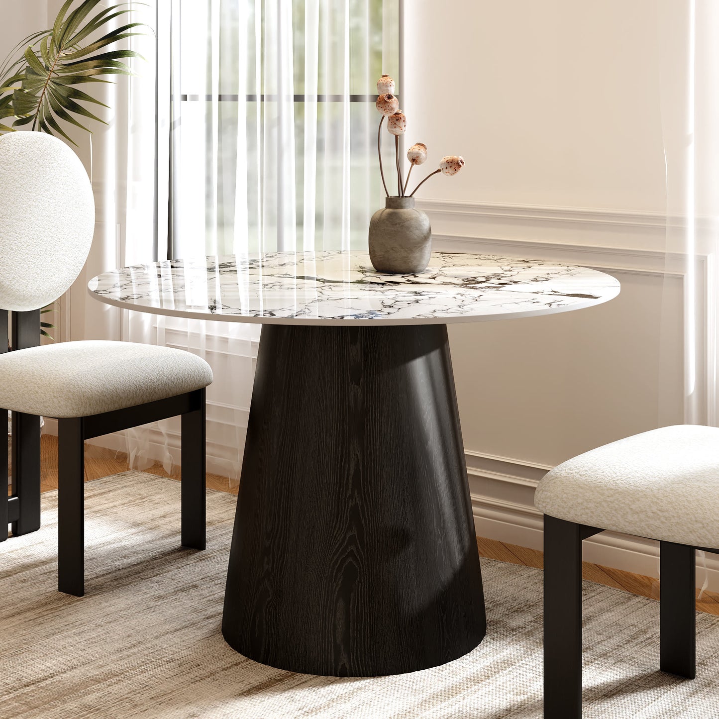 Ownkoti Round Black/Brown Sturdy Barrel Shape Dining Table Solid Wood Pedestal For 2-4 Person