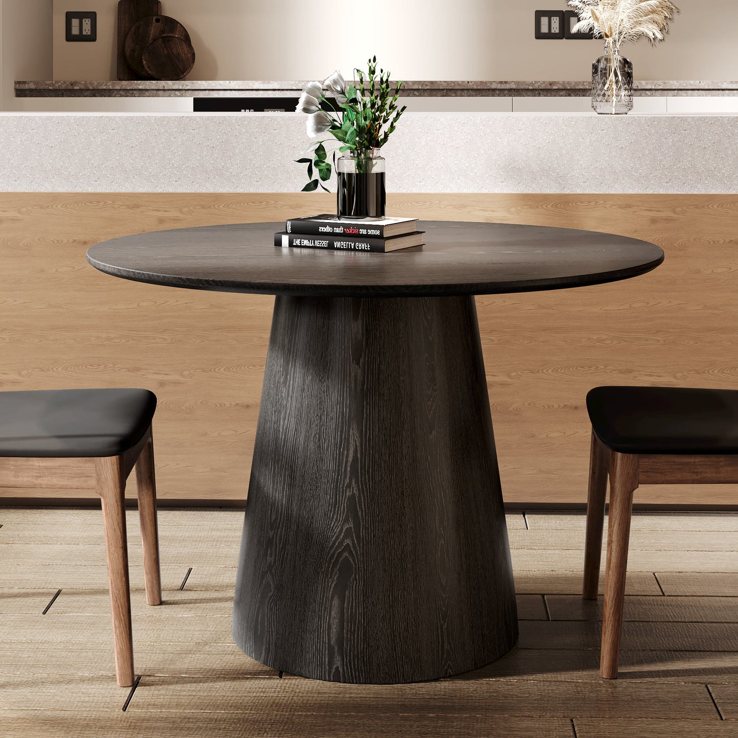 Ownkoti Round Black/Brown Sturdy Barrel Shape Dining Table Solid Wood Pedestal For 2-4 Person - Black+Black - W43.31" x D43.31" x H29.53" - image 4