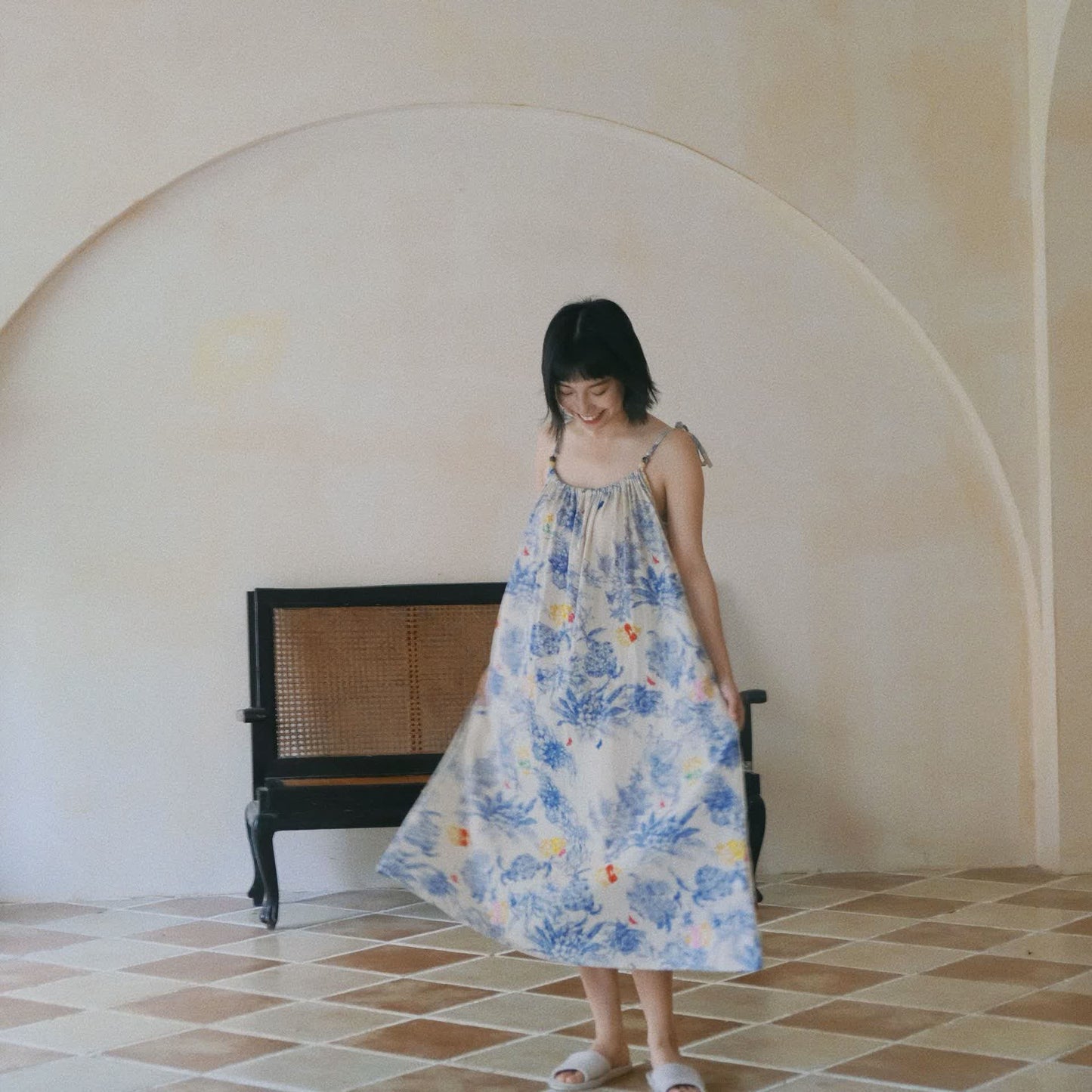 Ownkoti Blue Floral Cotton Camisole Nightdress