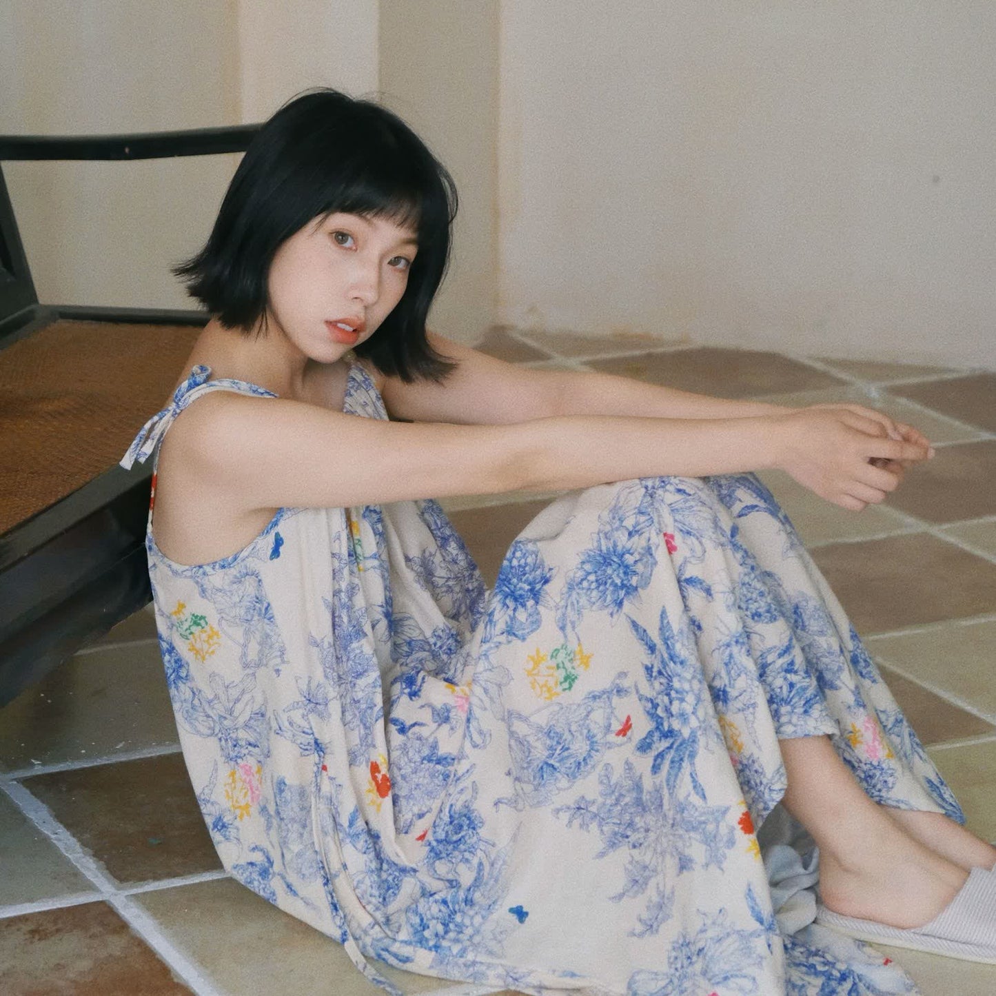 Ownkoti Blue Floral Cotton Camisole Nightdress