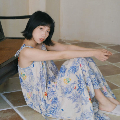 Ownkoti Blue Floral Cotton Camisole Nightdress