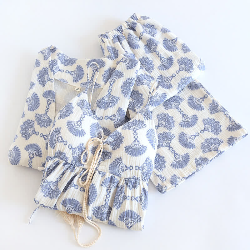 Ownkoti Blue Fan Print Cotton Loungewear Set (3PCS)