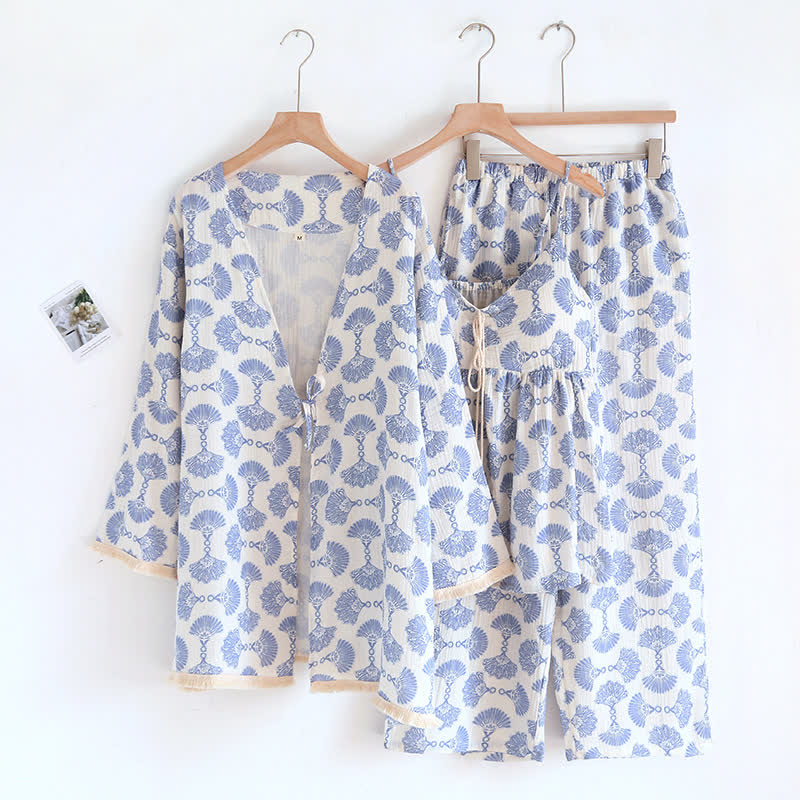 Ownkoti Blue Fan Print Cotton Loungewear Set (3PCS) - image 1