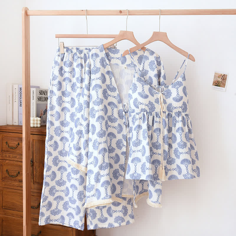 Ownkoti Blue Fan Print Cotton Loungewear Set (3PCS) - XL - image 0