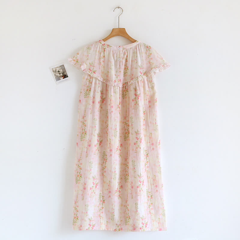 Ownkoti Ruffle Neck Rose Print Cotton Nightgown