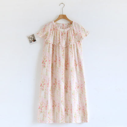 Ownkoti Ruffle Neck Rose Print Cotton Nightgown