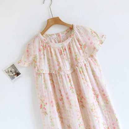 Ownkoti Ruffle Neck Rose Print Cotton Nightgown