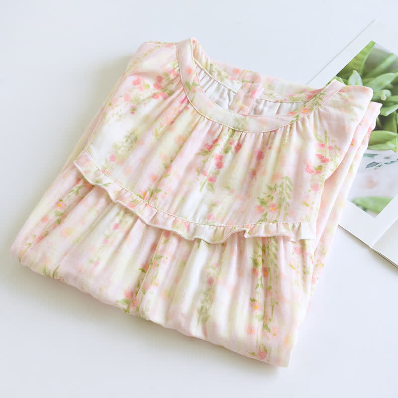 Ownkoti Ruffle Neck Rose Print Cotton Nightgown