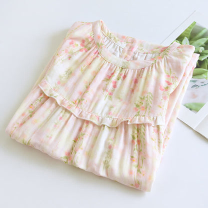 Ownkoti Ruffle Neck Rose Print Cotton Nightgown